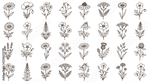 Wildflower Sketch Collection of Thirty Two Hand Drawn Botanical Floral Elements