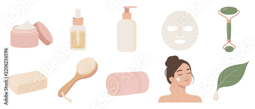 Skincare icons with cream serum face mask and jade roller