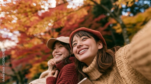a park during autumn. The woman on the right wears a beige turtleneck sweater and a red beanie, smiling widely with her eyes closed, revealing her teeth, and holding a tablet. The other woman.