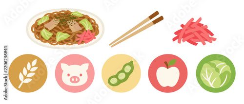 Fotografie Food allergen icons with yakisoba pork wheat and cabbage