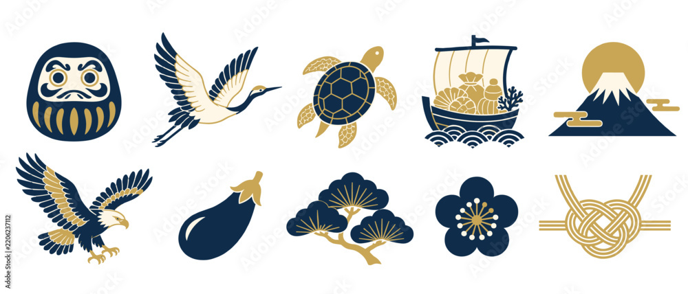 Obraz premium Japanese new year icons with daruma crane turtle and treasure ship