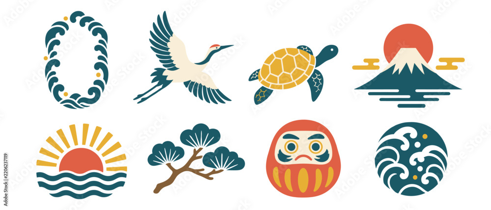 Obraz premium Japanese crane turtle icons with mount fuji sunrise and wave