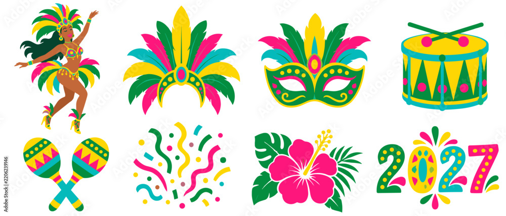Fototapeta premium Carnival icons with dancer feather headdress mask and drum