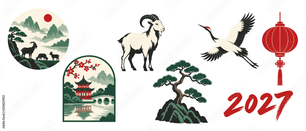 Obraz premium Chinese landscape icons with goat crane pagoda and bonsai