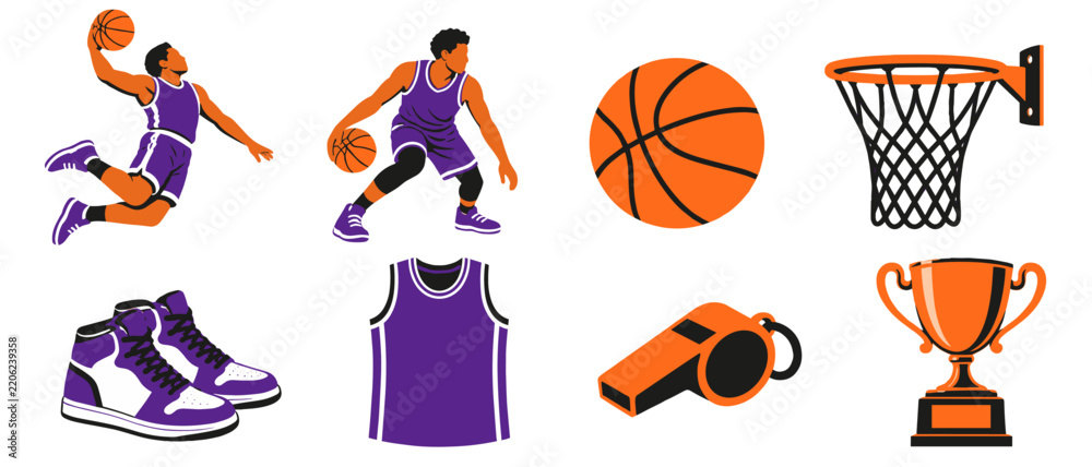 Obraz premium Basketball icons with player dunking sneakers and hoop