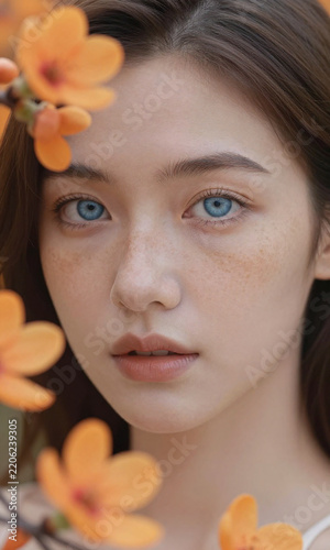 shot lovely woman face bright blue eyes freckles gently surrounded delicate orange blossoms soft natural