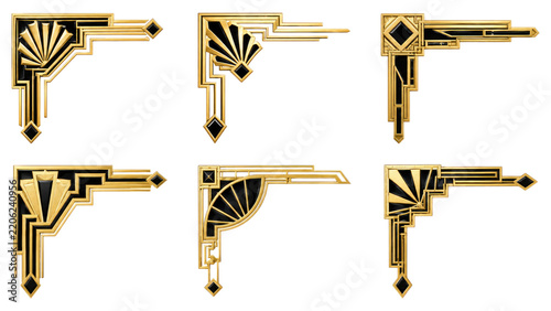 Set of six gold and black Art Deco corner ornaments and decorative frame elements