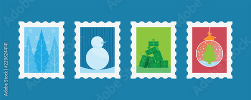 Christmas postage stamp set featuring festive winter illustrations, snowman, Christmas tree, and holiday ornaments.