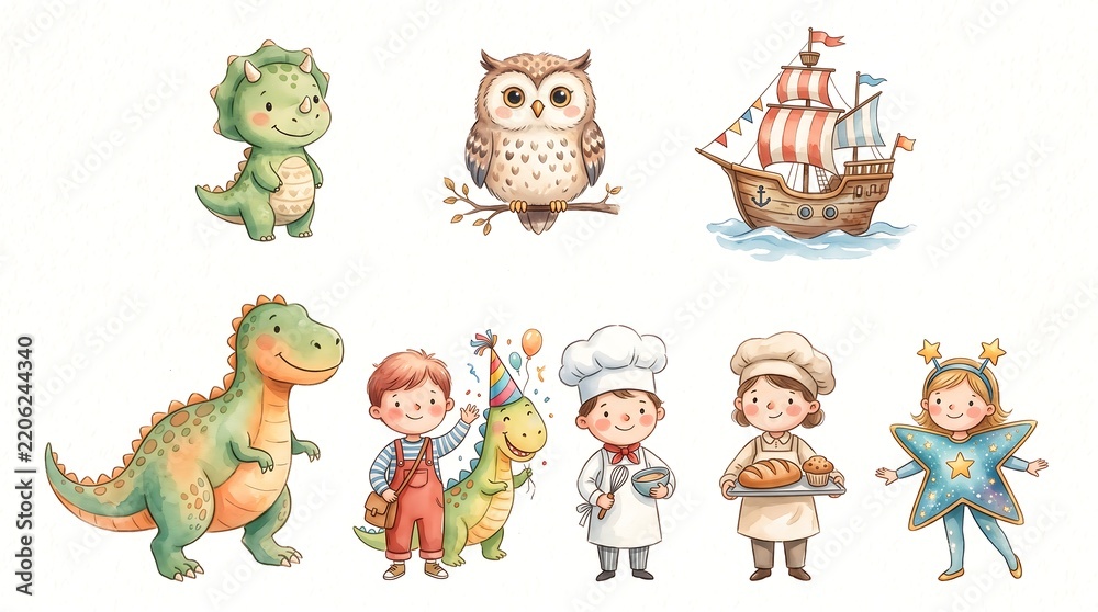 Obraz premium Watercolor Set of Cute Children's Characters