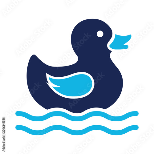 Cute rubber duck icon, simple flat vector illustration of a swimming duckling with blue water waves, minimalist design element for children or bath products