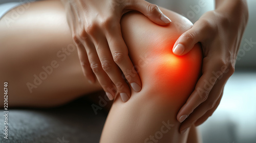 Hands holding a painful knee with red inflammation
