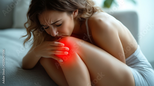 Woman holding painful shoulder with red inflammation highlight
