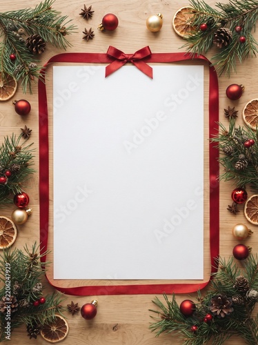 Blank letter to Santa surrounded by festive decorations and greenery  