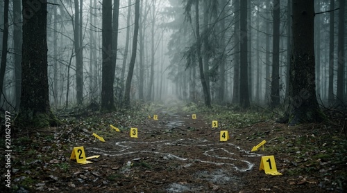 A mysterious crime scene investigation with evidence markers in a dark foggy forest.