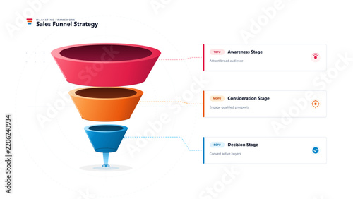 A vector infographic shows a three-stage sales funnel for marketing strategy