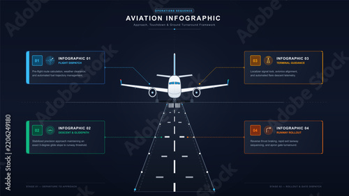 Vector aviation infographic shows an airplane approaching a runway for landing