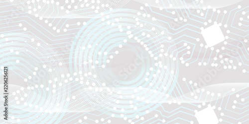 Abstract tech background design with digital circuit board pattern overlay light blue swirl circular light.