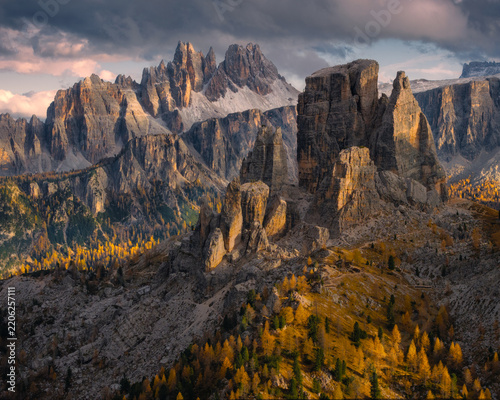 Cinque torri in the Italian Dolomites with sunset light and beautiful autumn colors