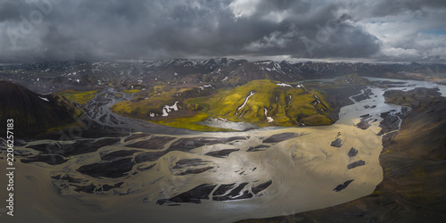 Panoramic view over the Highlands of Iceland. In the image you see the amazing glacier rivers.