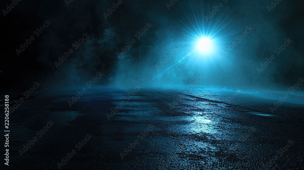 Obraz premium Cinematic Dark Empty Street at Night with Blue Neon Searchlight Reflection on Wet Asphalt and Smoke Atmosphere Backdrop for Creative Design Project or Product Placement Background