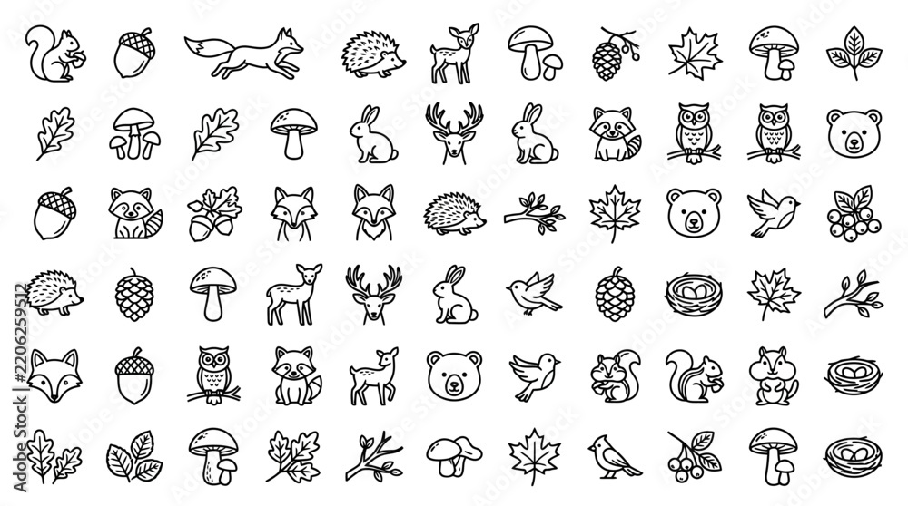 Fototapeta premium Black and White Line Art Forest Creatures Collection.