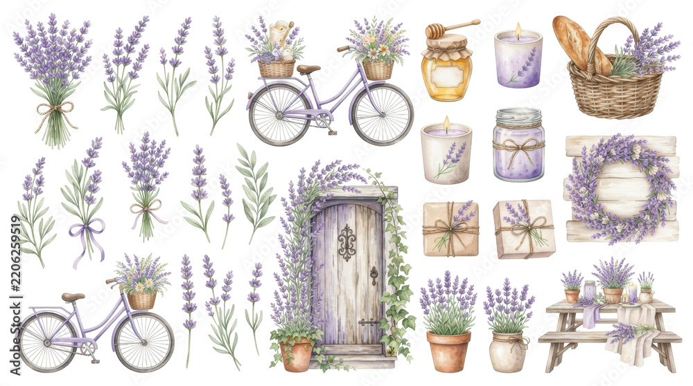 Naklejka premium Provencal Dreamscape: A charming collection of watercolor elements depicting a French countryside scene with lavender, bicycles, jars of honey, baskets, and a rustic door.