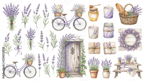 Provencal Dreamscape: A charming collection of watercolor elements depicting a French countryside scene with lavender, bicycles, jars of honey, baskets, and a rustic door.