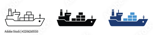 Cargo ship, container ship and freight vessel vector icon set for ocean transportation, international trade, supply chain and maritime logistics. Vector illustration and transparent PNG