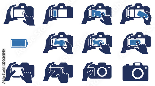 Digital camera battery and memory card installation icon set