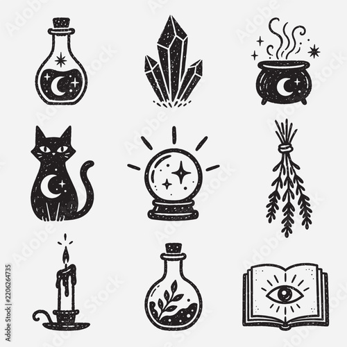 Mystical witchcraft icon set with potion bottles, crystals, black cat, crystal ball, herbs, candle and magic book. Black and white vector illustration.