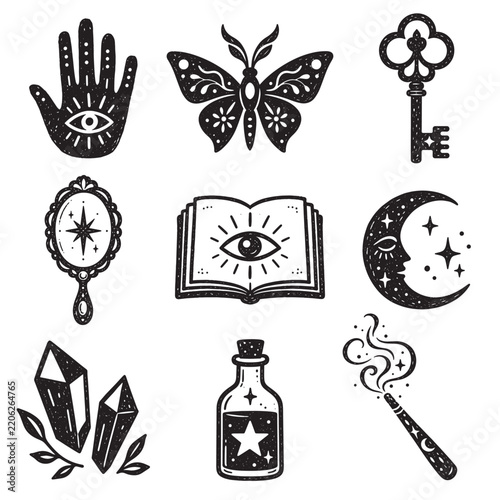 Mystical magic symbol set with hand, butterfly, key, mirror, eye, moon, crystals, potion bottle and magic wand. Black and white vector illustration.