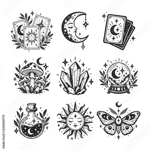 Mystical magic icon set with tarot cards, crescent moon, crystals, potion bottle, crystal ball, sun and moth. Black and white vector illustration.