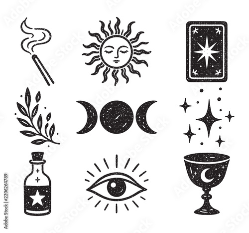 Mystical celestial symbol set with sun, moon phases, magic wand, tarot card, potion bottle, eye and ritual chalice. Black and white vector illustration.