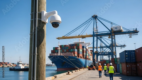 Modern white security surveillance dome camera mounted on wooden pole overlooking busy container port with large cargo ships and workers walking outdoors