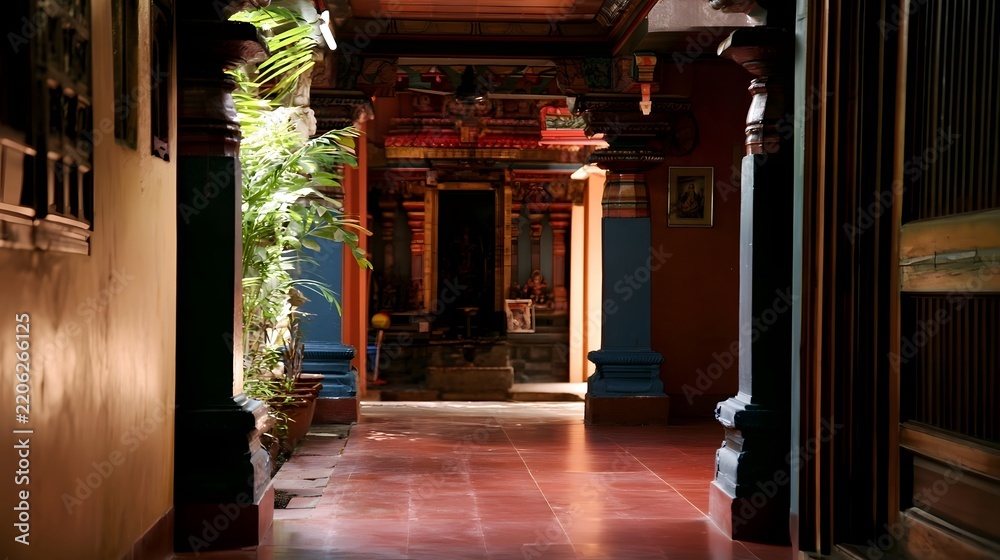Fototapeta premium A serene hallway in a traditional temple with colorful pillars potted plants and ornate ceiling details under warm natural light