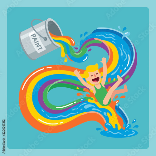 Child playing in colorful water splashes created by paint pouring.