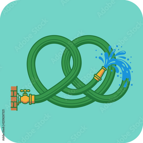 A tangled green garden hose with a water spray nozzle.