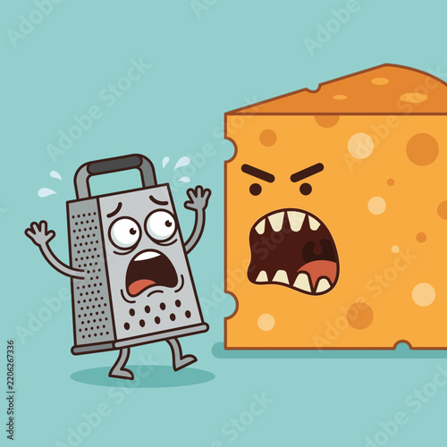 Cartoon of a grater and cheese with angry faces confronting each other.