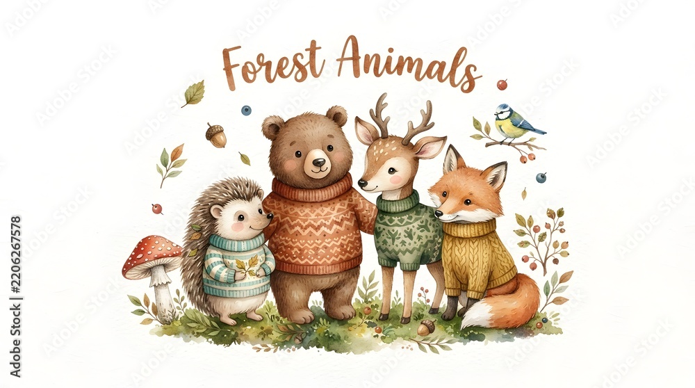 Fototapeta premium Watercolor Forest Animal Family Illustration with Bear, Deer, Fox, Owl and Hedgehog