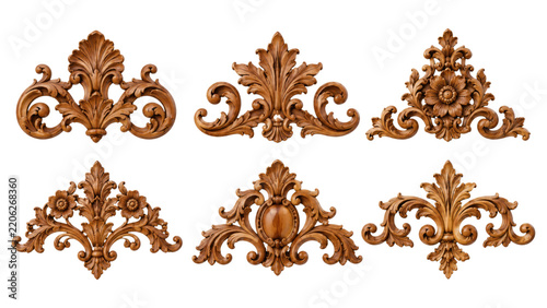 Six ornate wooden decorative appliques with carved floral and scrollwork motifs in baroque rococo style