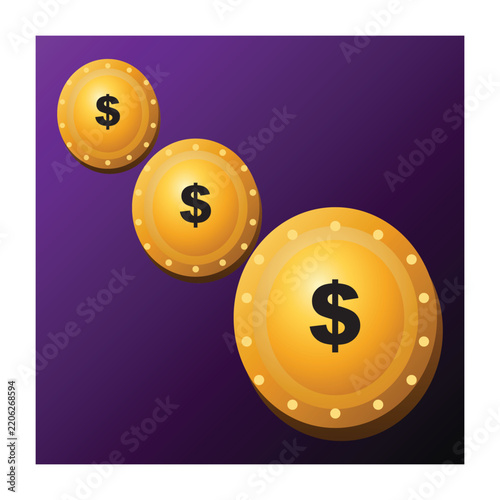  3D Gold Dollar Coins Set with Purple Gradient Background Vector Illustration