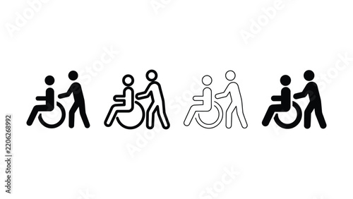 Set of four wheelchair assistance icons featuring a person pushing a patient in a wheelchair in solid black and outline styles