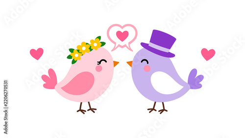 Fotografie Cute lovebirds couple wedding illustration, romantic bride and groom birds vecto