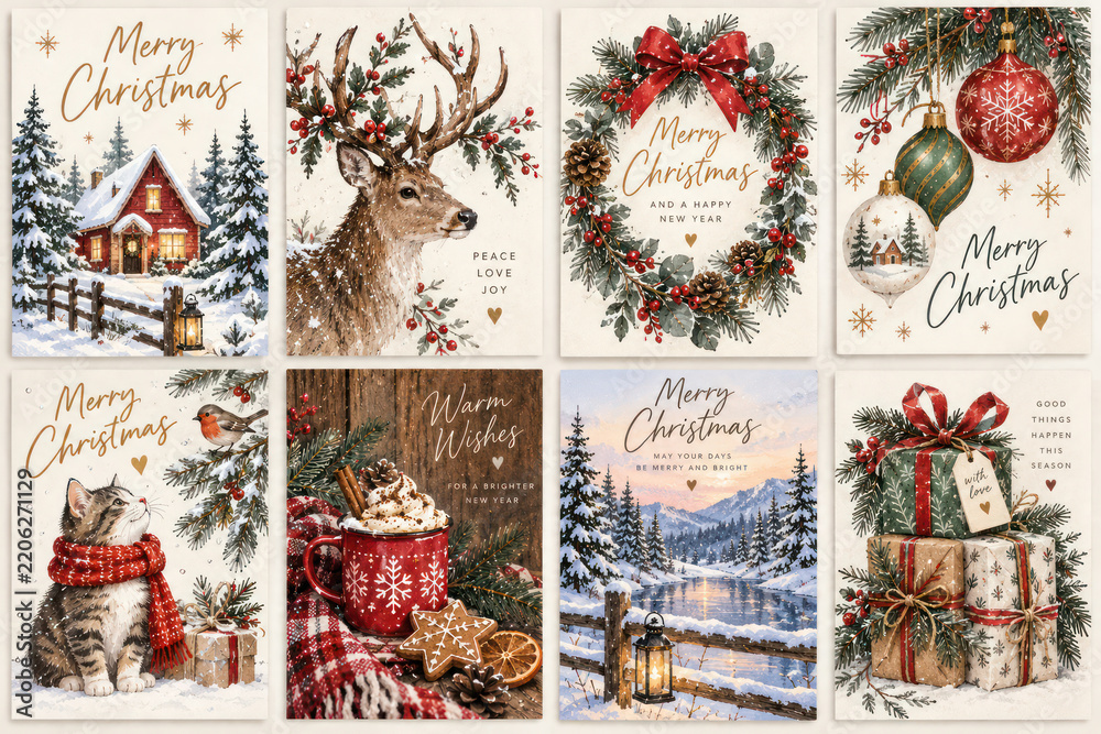 Obraz premium Vintage Christmas Card Collection with Cozy Winter Animals Gifts and Holiday Scenes