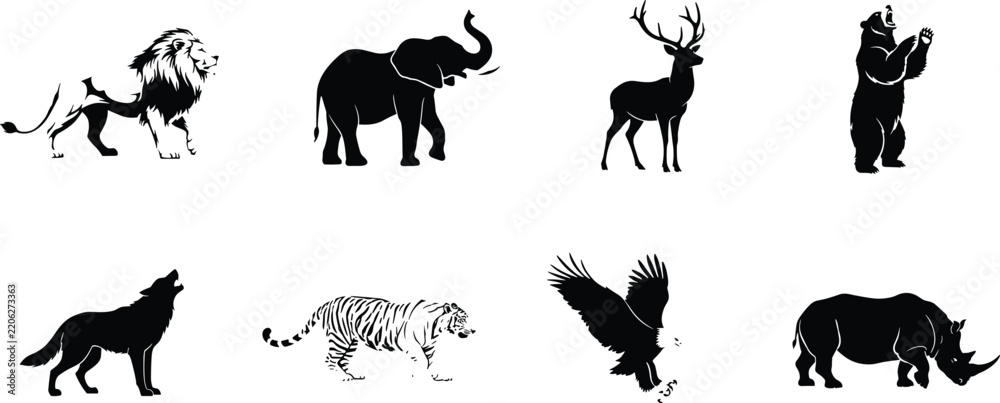 Obraz premium Collection of black wild animal silhouettes including lion, elephant, deer, bear, wolf, tiger, eagle, and rhino