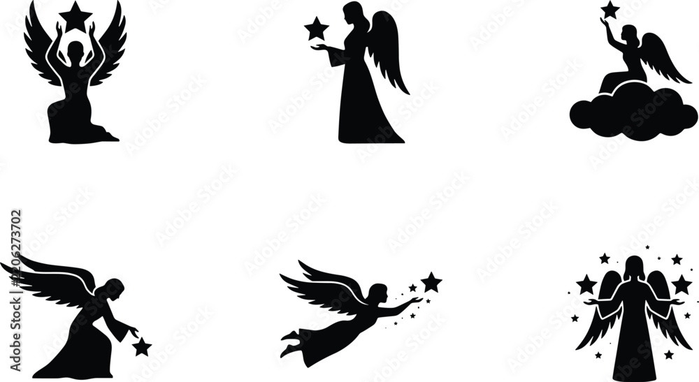 Obraz premium Set of angel silhouettes with wings and stars in various poses on clouds isolated on white background