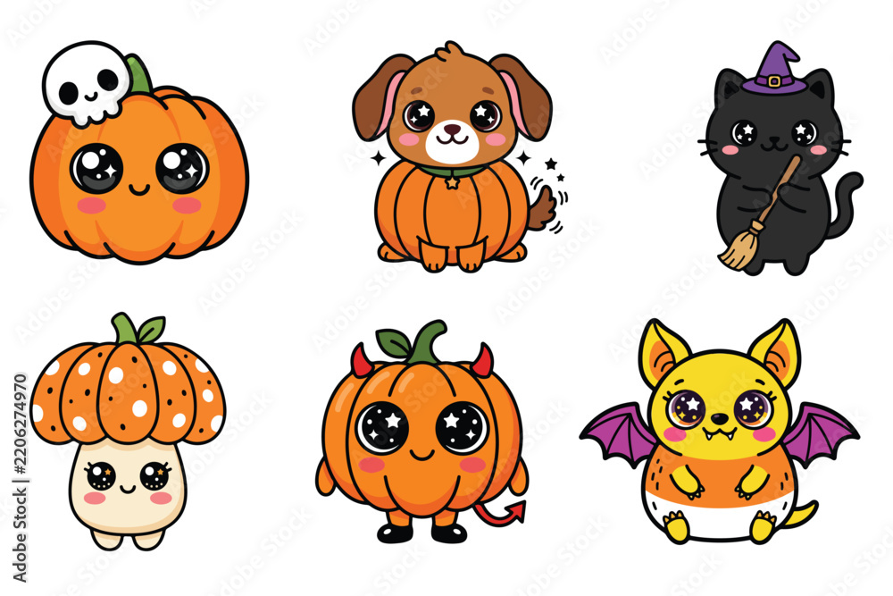 Obraz premium Cute Kawaii Halloween Character Set Featuring Pumpkins, Dog, Black Cat Witch, Mushroom, Devil Pumpkin, and Candy Corn Bat Vector Illustration