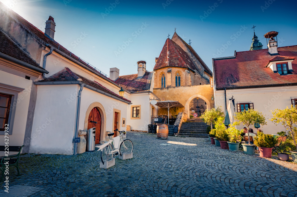 Obraz premium Impressive summer cityscape of Rust city in the Austrian state of Burgenland, located on the western shore of Lake Neusiedl, Austria, Europe. Sunny afternoon view of Fischerkirche Catholic church.