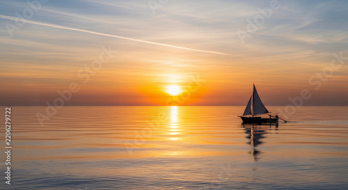 serene sunset sailboat gliding on calm ocean waters with golden light reflecting on the sea