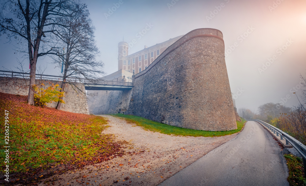 Obraz premium Foggy autumn view of Trautenfels Castle. Picturesque morning scene of archaeological and folk art exhibits in a baroque castle in Trautenfels village, Austria.